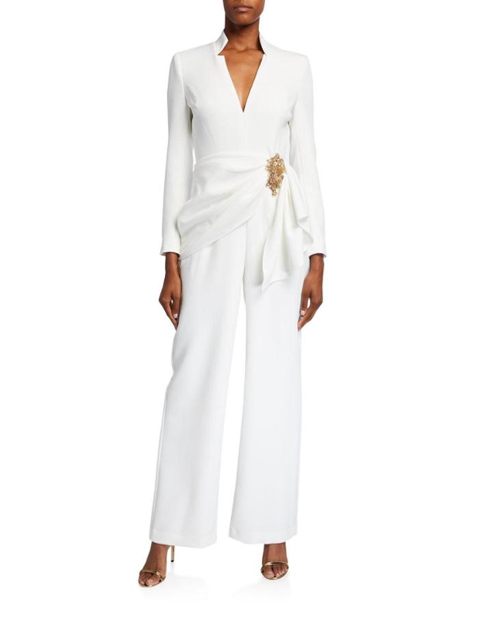 V-neck Long-sleeve Drape Front Jumpsuit W/ Bead Embellishment