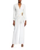 V-neck Long-sleeve Drape Front Jumpsuit W/ Bead Embellishment