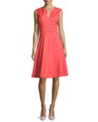 Fern-embroidered Virgin Wool Fit & Flare Dress, Apricot