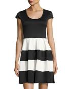 Fit-and-flare Cap-sleeve Dress, Black/white
