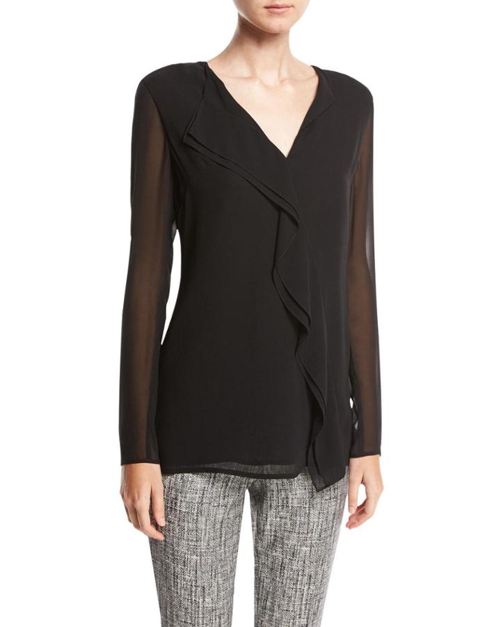 Silk Asymmetric-ruffle Blouse, Black