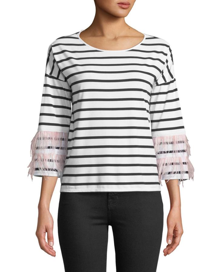 Long-sleeve Striped Blouse W/ Feather Trim