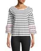 Long-sleeve Striped Blouse W/ Feather Trim
