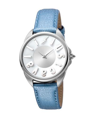 34mm Logo Stainless Steel Watch W/ Leather Strap,