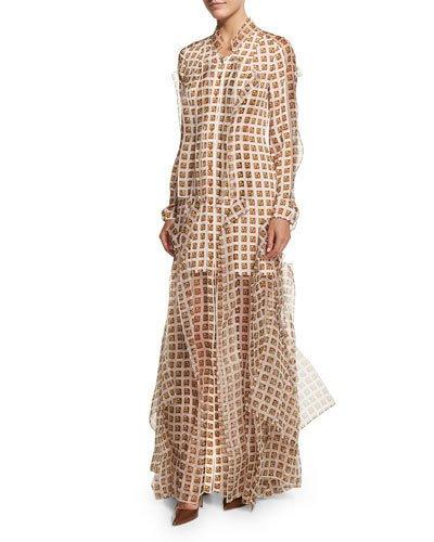 Long-sleeve Ruffled Shirtgown, Sienna Clay/ivory