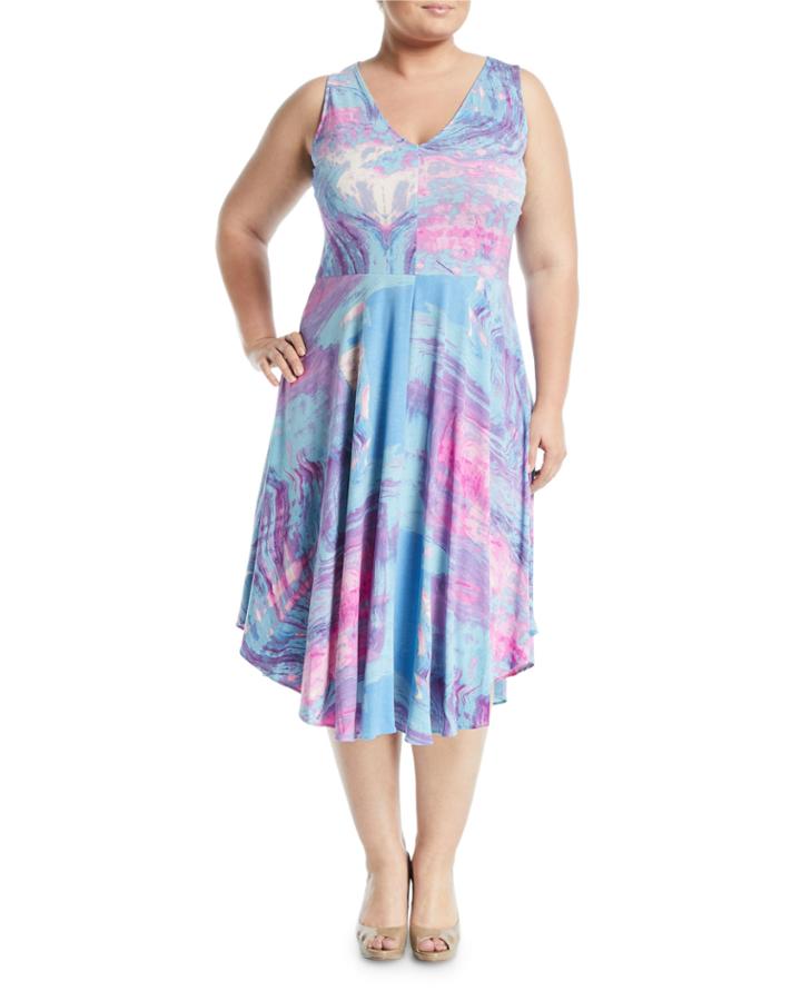 Marbled Round-hem Midi Dress,