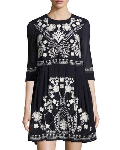 Kiko Embroidered Fit & Flare Dress, Black