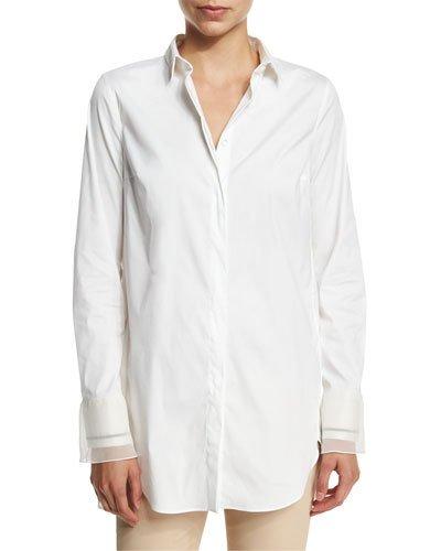 Long-sleeve Button-front Tunic With Cuff Detail, White