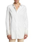Long-sleeve Button-front Tunic With Cuff Detail, White