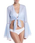 Striped Cotton Bell-sleeve Beach Top