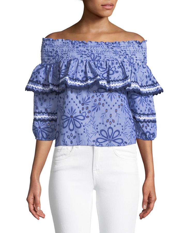 Off-the-shoulder Floral-eyelet Blouse