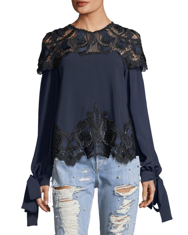 High-neck Long-sleeve Crepe Blouse W/