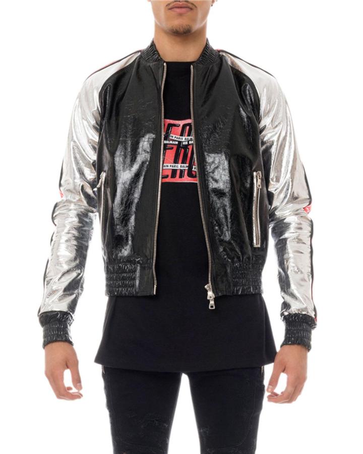 Men's Metallic Leather Bomber Jacket