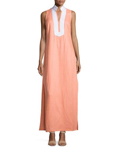 Classic Linen Sleeveless Maxi Dress, Desert Flower/white