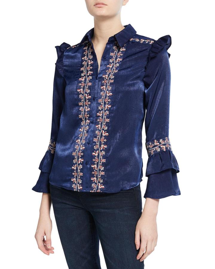 Floral Embroidered Ruffle Button-down Top