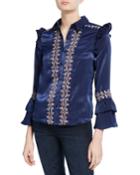 Floral Embroidered Ruffle Button-down Top