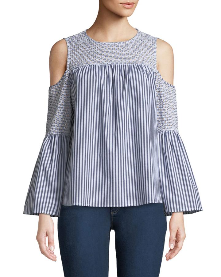 Eyelet-embroidered Striped Cold-shoulder Blouse