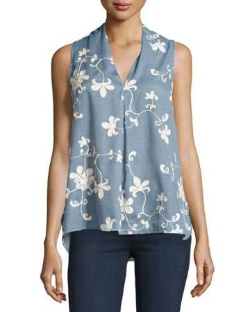 Sleeveless High-low Embroidered Top, Blue/ivory