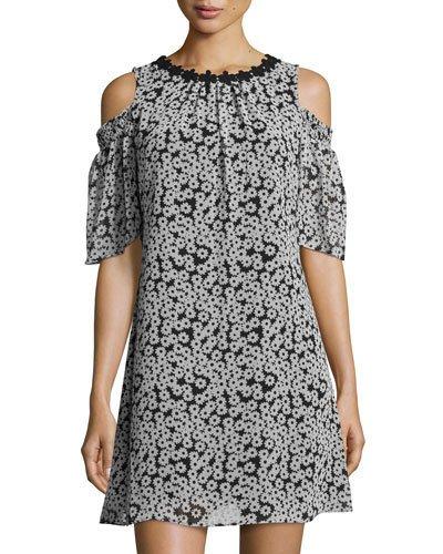 Floral-print Cold-shoulder Chiffon Dress, Black/white