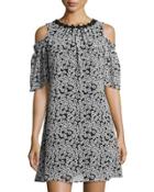 Floral-print Cold-shoulder Chiffon Dress, Black/white