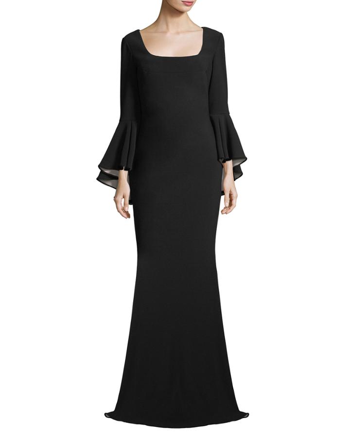 Scoop-neck Bell-sleeve Column Crepe Evening Gown