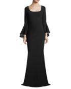 Scoop-neck Bell-sleeve Column Crepe Evening Gown
