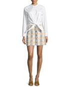 Aurelia Long-sleeve Combo Dress With Poplin Shirt & Tweed
