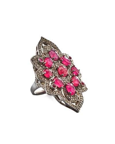 Composite Ruby, Tourmaline & Diamond Flower Ring,