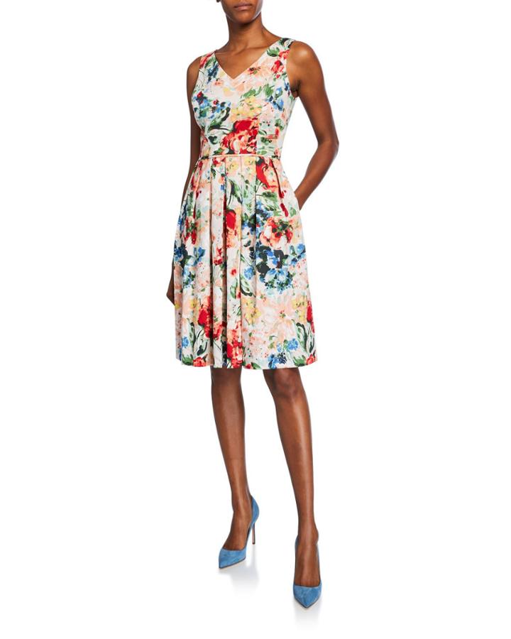 Pleated Garden Floral V-neck Dress