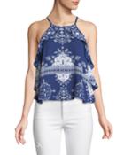 Tropics High-neck Open-back Ruffle Tank