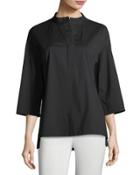 Winnie Band-collar Poplin Blouse, Black