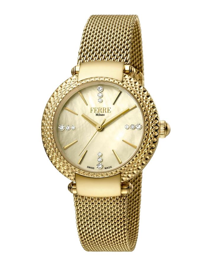 34mm Chain-bezel Watch W/ Mesh Bracelet, Golden