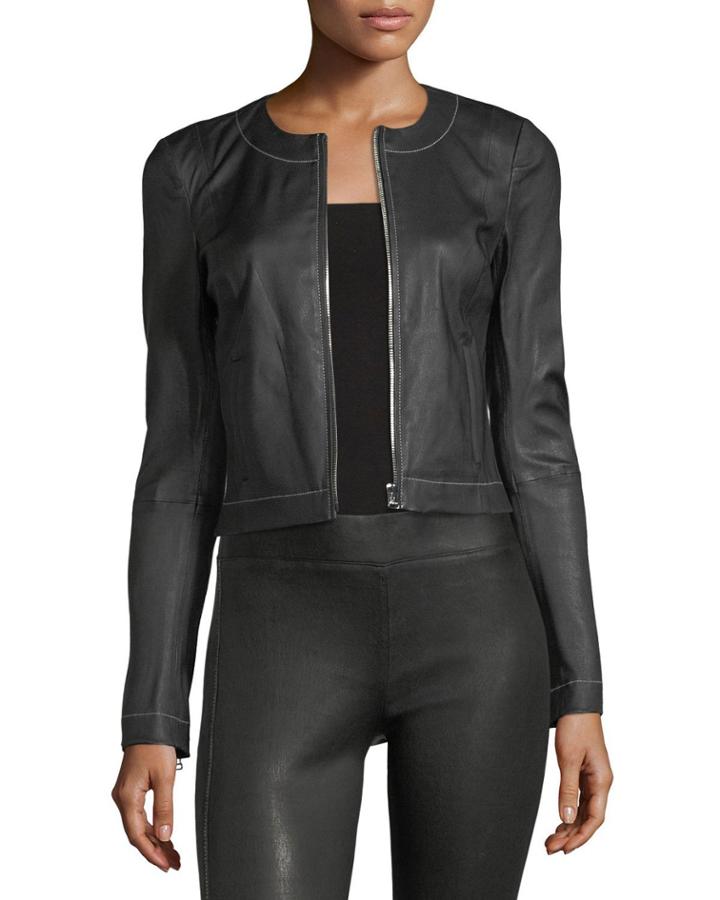Helen Zip-front Fitted Leather Jacket With Contrast