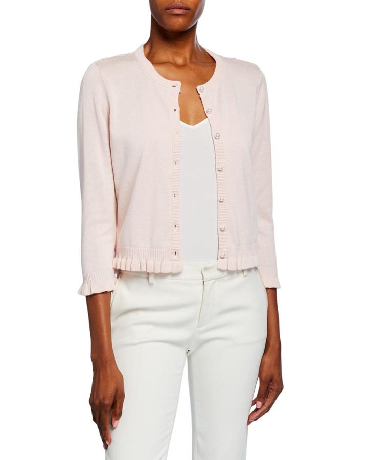 Pearly Button-front 3/4-sleeve Lace-back Ruffle Cardigan