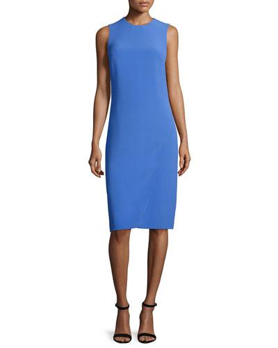 Sleeveless Jewel-neck Faux-wrap Dress, French Blue