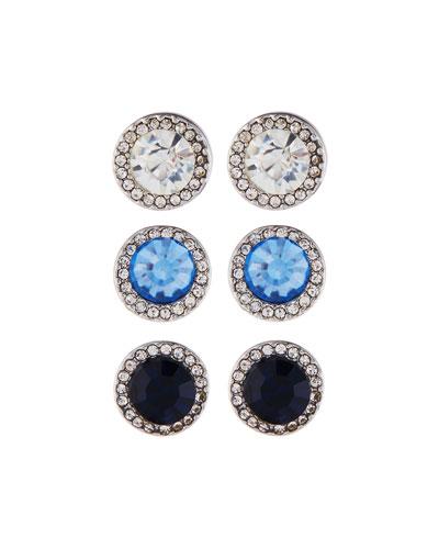 Round Crystal Stud Earring Trio, Set Of Three, Blue