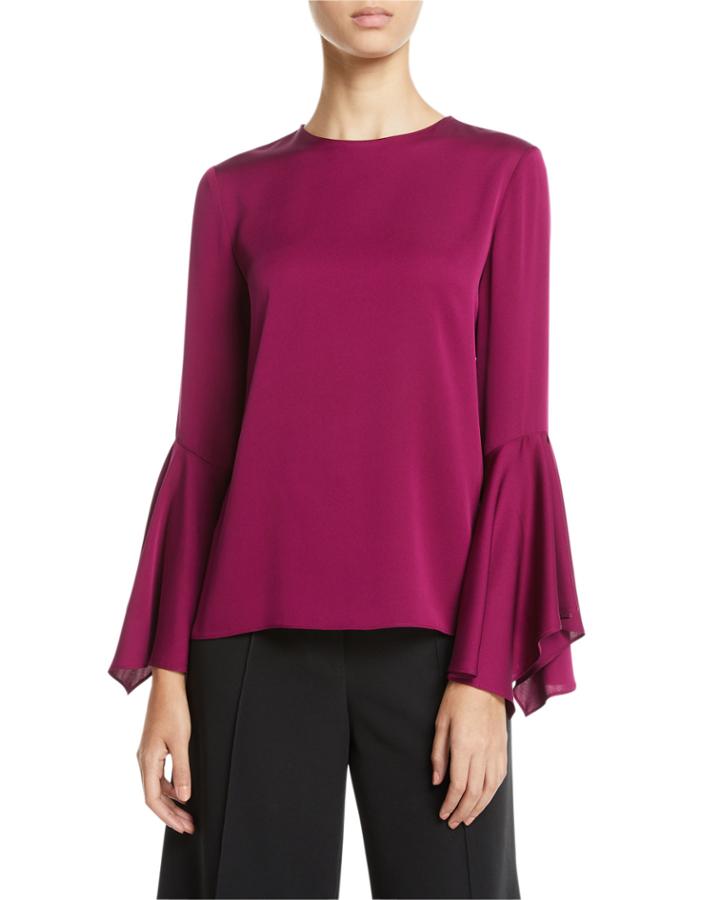 Holly Jewel-neck Flared-sleeves Stretch-silk Top