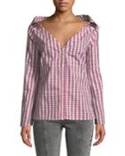Plaid Bell-sleeve Button-front Blouse