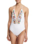 Eden Floral-embroidered Halter One-piece Swimsuit, White