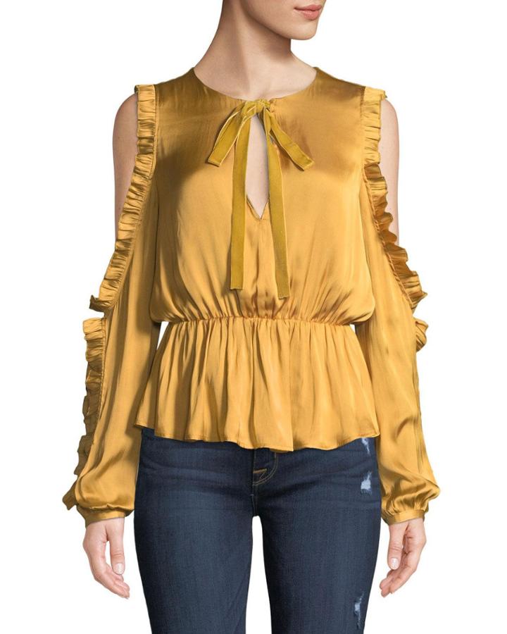 Shilo Bow-tie Ruffled Split-sleeve Charmeuse Blouse