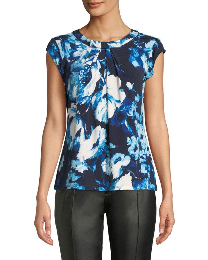 Floral-print Short-sleeve Bow-neck Blouse