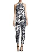 Tie-neck Draped-front Floral-print Jumpsuit, Black Crocus