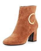 Suede Round-buckle Chunky-heel Boots, Cognac