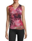 Floral-print Tulle Wrap-front Tank