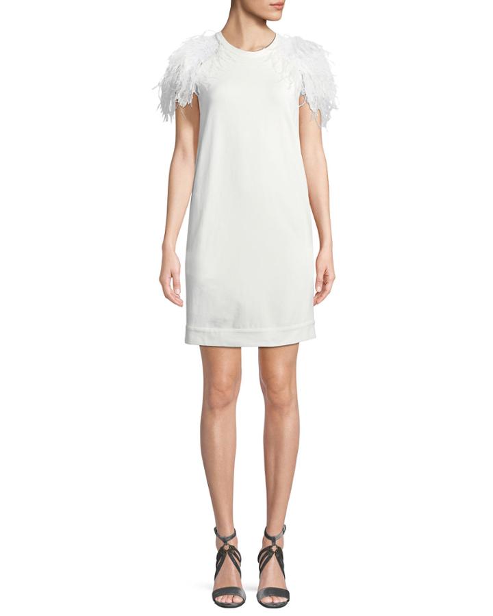Jewel-neck Cap-sleeve Felpa Shift Dress With Feather Trim