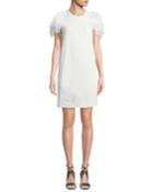 Jewel-neck Cap-sleeve Felpa Shift Dress With Feather Trim