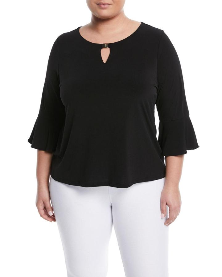 Ruffled-sleeve Keyhole Tee,
