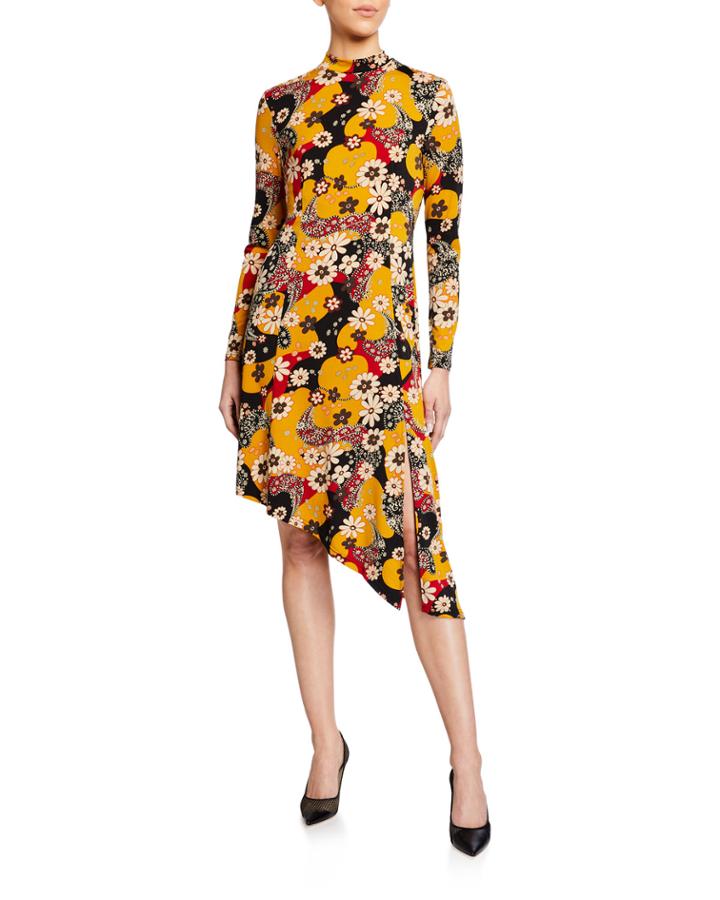 Floral Mock-neck Asymmetric Dress
