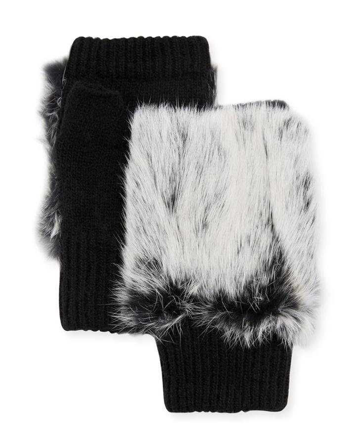 Knit Fingerless Gloves W/ Rabbit Fur Trim, Black