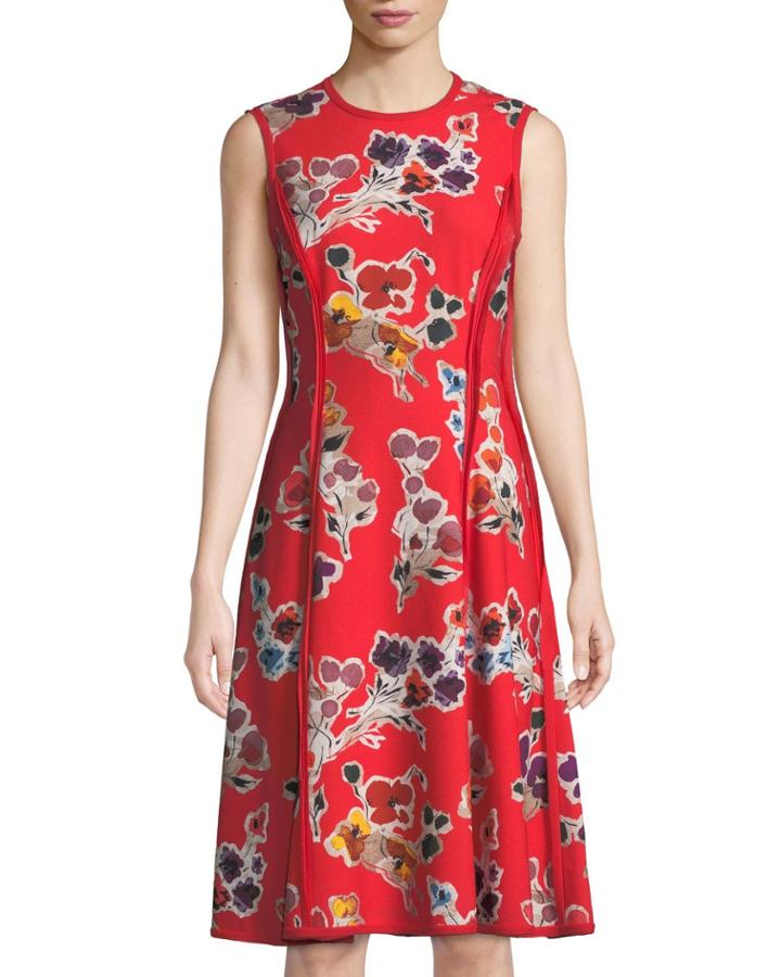 Floral-print Sleeveless Crepe Dress, Red